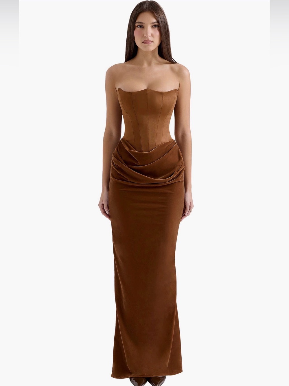 House of CB Persephone Velvet Strapless Corset Maxi Dress - Toffee NWT M